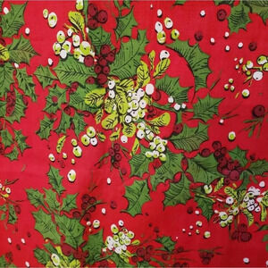 VTG Springs Mills Christmas Holly Berry Table Cloth Fabric Red Green 65x52 In